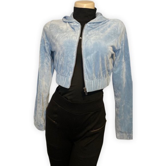 Baby Blue Short Cut Velour Hooded Jacket - Picture 5 of 6